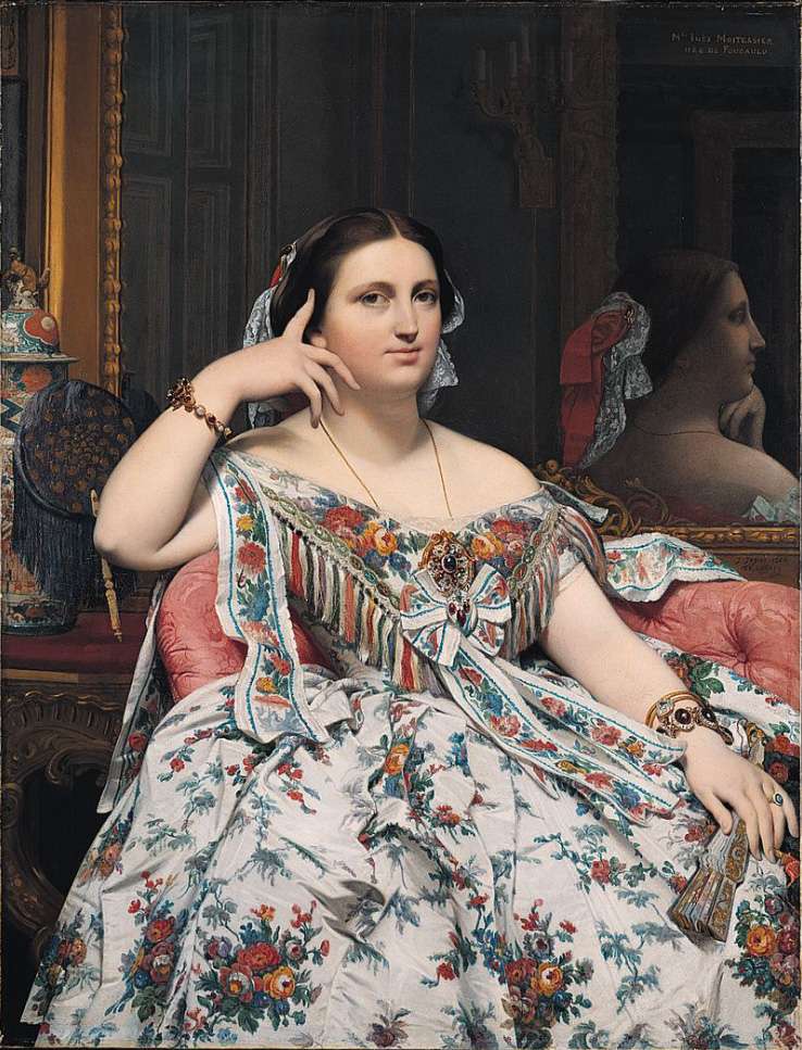 London National Gallery Next 20 14 Jean-Auguste-Dominique Ingres - Madame Moitessier Jean-Auguste-Dominique Ingres - Madame Moitessier, 1856, 120 x 91 cm. Ingres deeply admired the art of ancient Greece and Rome and spent his life trying to achieve the simple lines and finely modeled shapes found in classical art. Madame Moitessiers marble-smooth skin and calm gaze reminds us of a classical statue. The richly decorated room, her heavy gold jewelry, and extravagant, fashionable dress show that she was very wealthy. The firm contour of her shoulders, arms and face defines flesh perfectly rounded, and smooth and luminous as polished alabaster.